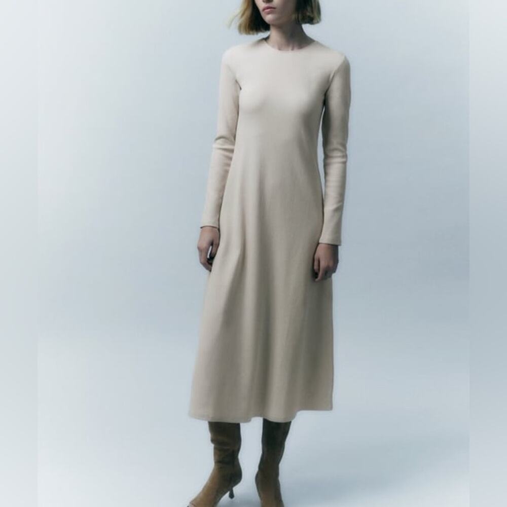 Zara Cream Ribbed Knit Stretch Keyhole Long Sleeve Midi Dress Size Small